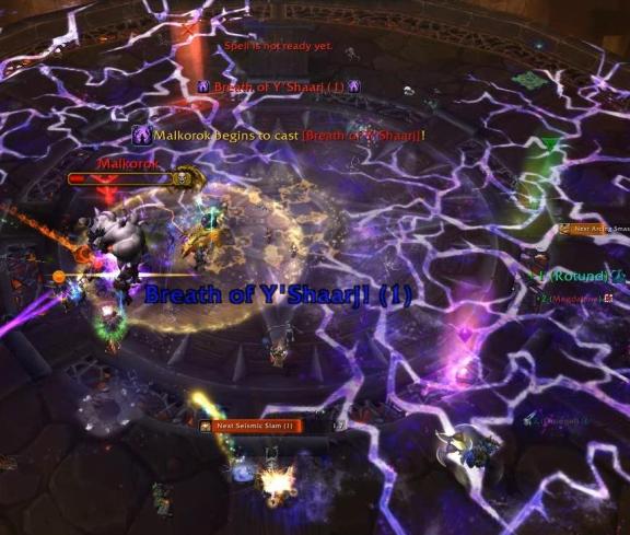 Breath of Y'Shaarj occurs where the three previous Arcing Smashes were aimed. If you are standing in one of the purple graphics when it appears, you will die.